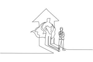 Continuous one line drawing young smart male worker standing with superhero shadow reflect to the wall. Success business manager minimalist concept. Single line draw design vector graphic illustration