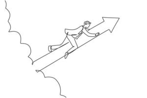 Single continuous line drawing young worker holding arrow sign tightly while flying through sky. Professional businessman. Minimalism concept dynamic one line draw graphic design vector illustration