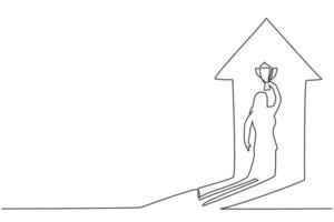 Continuous one line drawing shadow of young female entrepreneur lifting the trophy reflected on the wall. Success manager minimalist concept. Trendy single line draw design vector graphic illustration