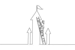 Continuous one line drawing of young female entrepreneur climb the ladder up to reach top arrow. Success business manager minimalist concept. Trendy single line draw design vector graphic illustration