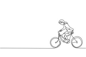 Continuous one line drawing of young female entrepreneur riding bicycle go to the office. Success business manager minimalist concept. Trendy single line draw design vector graphic illustration