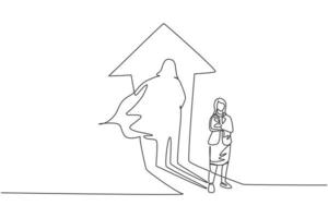 Single one line drawing of young smart businesswoman standing with superhero shadow behind her. Business finance growth minimal concept. Modern continuous line draw design graphic vector illustration