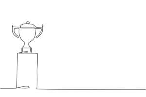 dibujo de una sola línea del trofeo ganador de oro en el podio. concepto mínimo de apreciación del logro del campeón del torneo. Ilustración de vector gráfico de diseño de dibujo de línea continua moderna