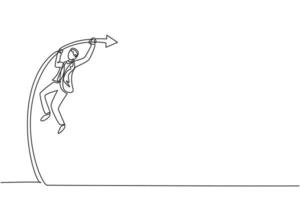 Single continuous line drawing of young business man jumping high on pole vault arena. Attractive professional businessman. Minimalism concept dynamic one line draw graphic design vector illustration