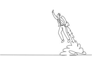 Continuous one line drawing of young handsome male worker flying high using jetpack machine. Success business manager minimalist concept. Trendy single line draw design vector graphic illustration