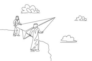 Continuous one line drawing two young Arab male workers fly paper plane from top of mountain. Success business managers minimalist metaphor concept. Single line draw design vector graphic illustration