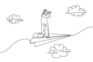 Continuous one line drawing of young Arab male worker forecasting market while flying with paper plane. Success manager minimalist metaphor concept. Single line draw design vector graphic illustration