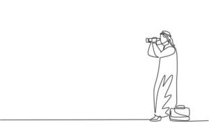 Single continuous line drawing young Arab business man analyze market stock using binocular. Professional manager. Minimalism metaphor concept. Dynamic one line draw graphic design vector illustration