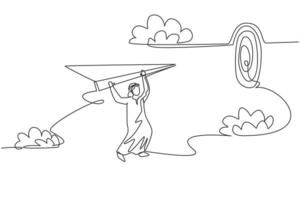 dibujo de una sola línea joven hombre de negocios árabe se centra en volar un avión de papel para alcanzar el objetivo. concepto de metáfora mínima de visión empresarial. Ilustración de vector gráfico de diseño de dibujo de línea continua