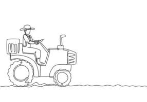 Single continuous line drawing young male farmer drive a tractor to plow the fields. Start a new planting period. Farming minimalism concept. Dynamic one line draw graphic design vector illustration.