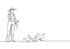 Continuous one line drawing young male farmer is feeding the chickens with chicken feed. Successful farming activities minimalist concept. Single line draw design vector graphic illustration.