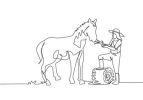 Single continuous line drawing female farmer stomped one of its feet into the curled hay as it was about to feed the horse. Farming minimalism concept. One line draw graphic design vector illustration