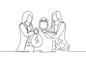 Single continuous line drawing two young business woman exchange money bag and analog alarm clock. Professional manager. Minimalism metaphor concept. One line draw graphic design vector illustration.