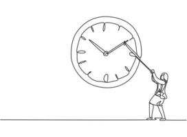 Single one line drawing of young business woman pulling clockwise of big analog wall clock with rope. Time management minimalist concept. Continuous line draw design graphic vector illustration.