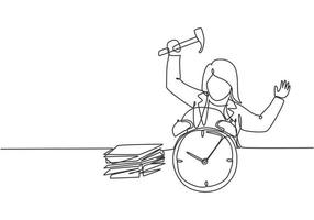 Continuous one line drawing stressful business woman hit the alarm clock with hammer. Minimalism metaphor business deadline concept. Single line draw design vector graphic illustration.