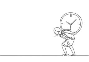 Single one line drawing of young business woman shouldered heavy big analog clock with her back. Business challenge minimal metaphor concept. Continuous line draw design graphic vector illustration.