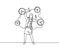 dibujo de línea continua única mujer de negocios estresante rodeada de relojes analógicos voladores. concepto de plazo de negocio de metáfora de minimalismo. Ilustración de vector de diseño gráfico de dibujo dinámico de una línea.