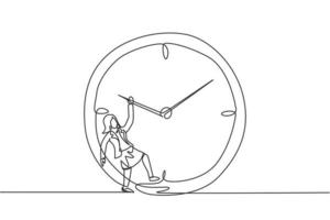 dibujo continuo de una línea joven trabajadora colgando en el sentido de las agujas del reloj de un reloj analógico gigante. concepto de metáfora de disciplina de tiempo de negocios. Ilustración gráfica de vector de diseño de dibujo de una sola línea.