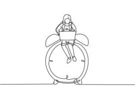 Single continuous line drawing young business woman sitting on big analog alarm clock and typing on laptop. Business time discipline metaphor concept. One line draw graphic design vector illustration.