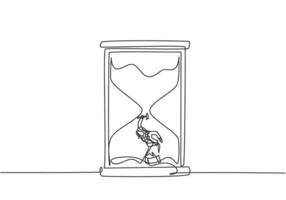 Continuous one line drawing young woman worker digging treasure inside hourglass. Getting a new business idea minimalist concept. Single line draw design vector graphic illustration.