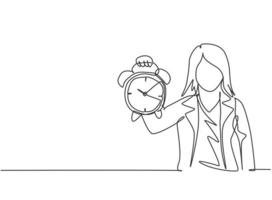 dibujo de una sola línea de mujer de negocios joven sosteniendo un reloj despertador analógico con su mano. concepto minimalista del negocio de la gestión del tiempo. Ilustración de vector gráfico de diseño de dibujo de línea continua moderna.