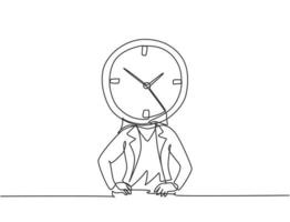 Single one line drawing of young business woman with analog clock head at the office. Business time discipline metaphor concept. Modern continuous line draw design graphic vector illustration.