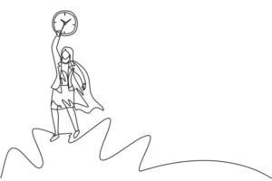 Continuous one line drawing young woman worker with wing flying to the sky to reach analog clock. Minimalism metaphor business deadline concept. Single line draw design vector graphic illustration.