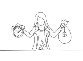 Single one line drawing of young business woman holding money bag and alarm clock with her hands. Minimalism metaphor business deadline concept. Continuous line draw design graphic vector illustration