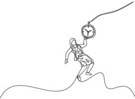 Continuous one line drawing young woman worker swinging on pocket watch chain to reach goals target. Time management business minimalist concept. Single line draw design vector graphic illustration.