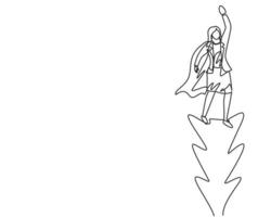 Continuous one line drawing young woman worker flying high into the sky to reach big goals. Big vision of business target minimalist concept. Single line draw design vector graphic illustration.