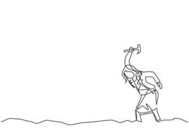 Continuous one line drawing young woman worker digging treasure on the street with hammer. Getting a new business idea minimalist concept. Single line draw design vector graphic illustration.
