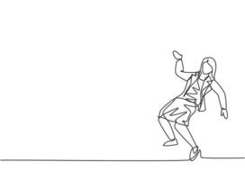 Single continuous line drawing young business woman dancing on the street. Happy worker celebrate her achievement. Minimalism metaphor concept. Dynamic one line draw graphic design vector illustration