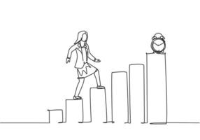 Single one line drawing of young business woman walking on the graph bar to reach alarm clock. Business time discipline metaphor concept. Modern continuous line draw design graphic vector illustration