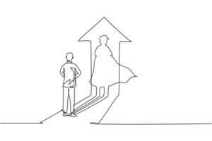 Continuous one line drawing of young businessman facing superhero on up arrow shadow. Successful business manager minimalist concept. Trendy single line draw design vector graphic illustration