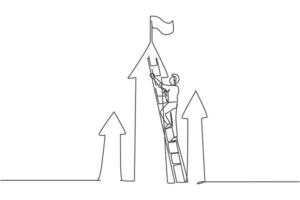 Continuous one line drawing young male worker climbing stairs up to reach business goal target. Success business manager minimalist concept. Trendy single line draw design vector graphic illustration