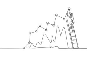 Single continuous line drawing of young business man climbing stair to sign increase market chart. Professional businessman. Minimalism concept dynamic one line draw graphic design vector illustration