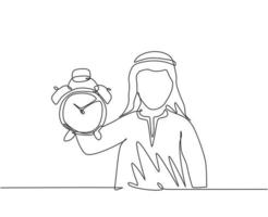 Single continuous line drawing young Arab business man holding analog alarm clock with his hand. Time management business minimalist concept. Dynamic one line draw graphic design vector illustration.