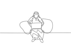 Continuous one line drawing young Arab male worker sitting on sofa while typing business proposal on laptop. Manager preparing work concept. Single line draw design vector graphic illustration.