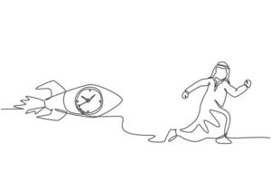 Continuous one line drawing young Arab male worker chased by flying rocket with clock inside. Rush hour management business minimalist concept. Single line draw design vector graphic illustration.