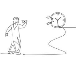 Single continuous line drawing young Arab business man hit the analog clock on wall with dart arrow. Focus target business metaphor concept. Dynamic one line draw graphic design vector illustration.