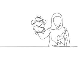 dibujo de una sola línea de mujer de negocios árabe joven sosteniendo un reloj despertador analógico con su mano. concepto minimalista del negocio de la gestión del tiempo. Ilustración de vector gráfico de diseño de dibujo de línea continua.