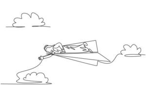 Un solo dibujo de línea continua de un joven empresario árabe tendido en un avión de papel volador para llegar a sus colegas de otoño. concepto de metáfora del minimalismo. Ilustración de vector de diseño gráfico de dibujo de una línea