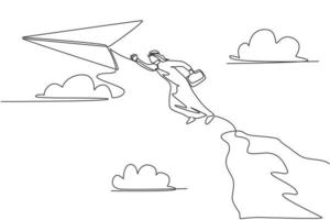 Single one line drawing young Arabian business man jumping high from top cliff to reach flying paper airplane. Minimal metaphor concept. Modern continuous line draw design graphic vector illustration