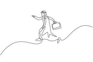 Single continuous line drawing of young Arab business man jumping high to the sky. Success professional manager. Minimalism metaphor concept. Dynamic one line draw graphic design vector illustration