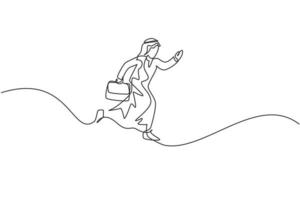 Continuous one line drawing of young happy Arab male worker jumping high to the sky. Success business manager minimalist metaphor concept. Single line draw design vector graphic illustration