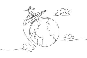 Single one line drawing of young Arabian business man around the world with flying paper plane. Global business trip minimal metaphor concept. Continuous line draw design graphic vector illustration