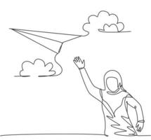 Single continuous line drawing young Arab business woman waving hand to flying paper plane. Professional manager. Minimalism metaphor concept. Dynamic one line draw graphic design vector illustration