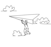 Continuous one line drawing young Arab female worker holding on flying paper plane. Business challenge. Minimalist metaphor concept. Single line draw design vector graphic illustration