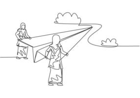 Continuous one line drawing young Arab female worker holding paper plane at top of the hill. Success business manager. Minimalist metaphor concept. Single line draw design vector graphic illustration