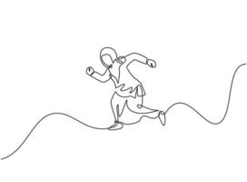 Continuous one line drawing young Arab female worker jumping high to the sky. Success business manager. Minimalist metaphor concept. Single line draw design vector graphic illustration